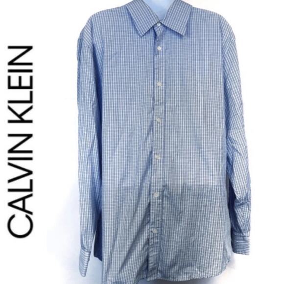 Calvin Klein Blue and White Checkered Dress Shirt Men's Size Large - Picture 1 of 8